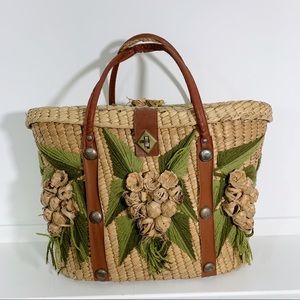 Vintage Floral Woven Textured Basket with Handles